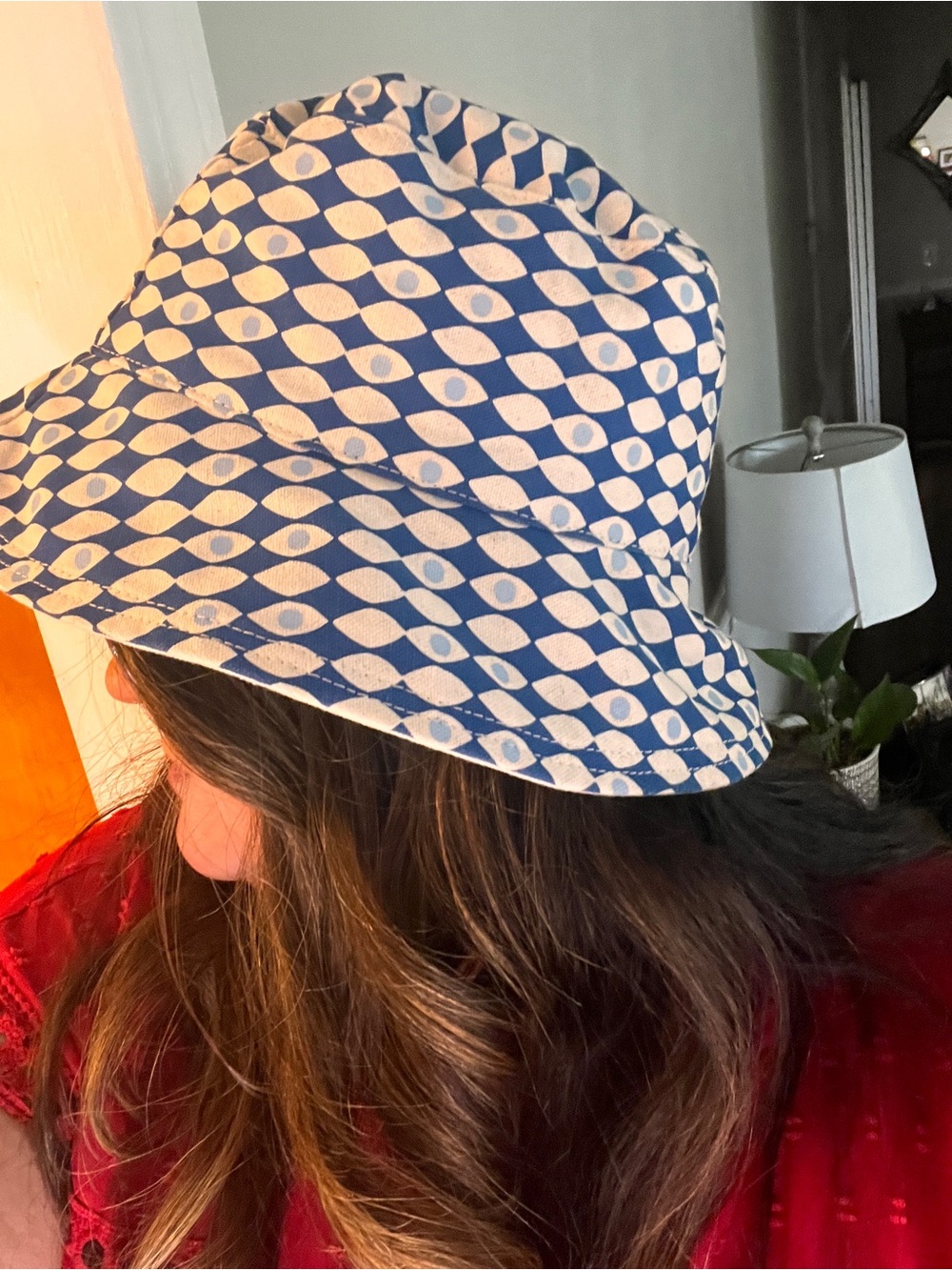 Erin Flett Reversible Bucket Hat Blue Geometric Cotton Canvas Maine Art Coastal
